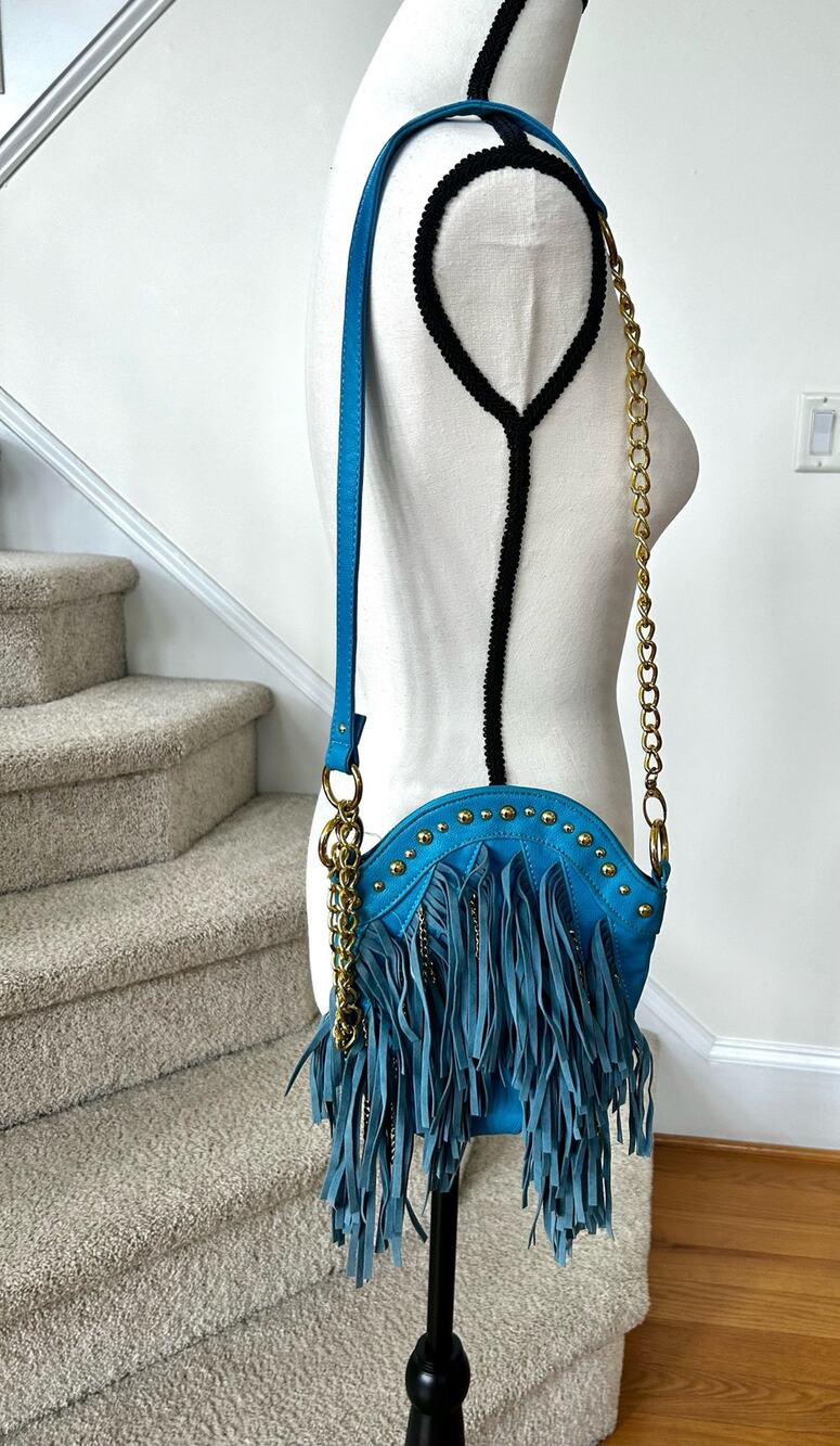 Nila Anthony Teal Blue & Gold Chain Faux Leather Tassel Western Boho Crossbody